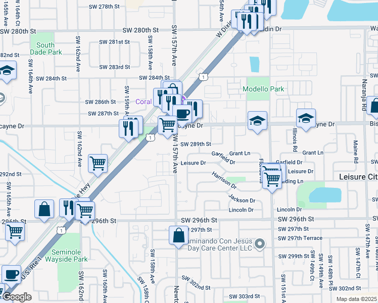 map of restaurants, bars, coffee shops, grocery stores, and more near 15530 Garfield Drive in Homestead