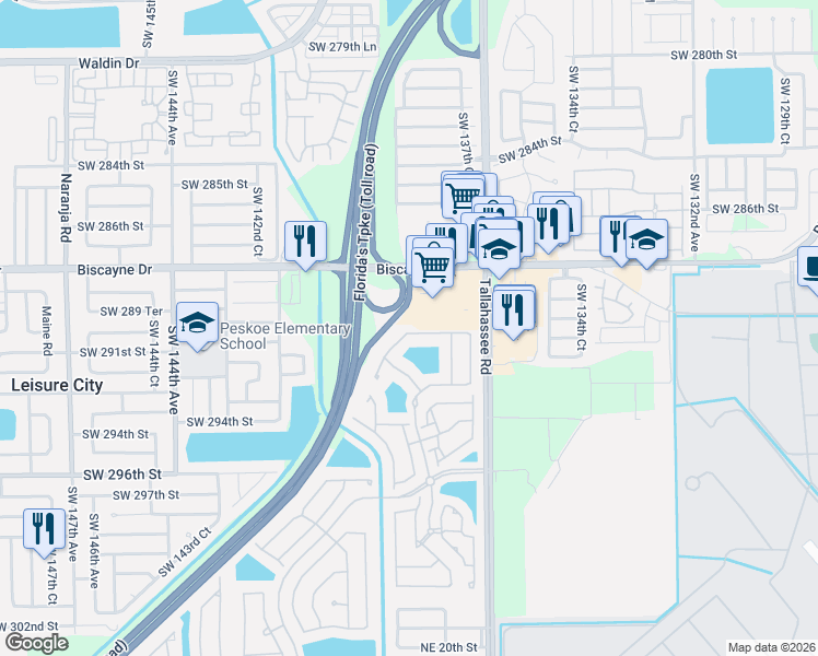 map of restaurants, bars, coffee shops, grocery stores, and more near 4156 Northeast 30th Street in Homestead
