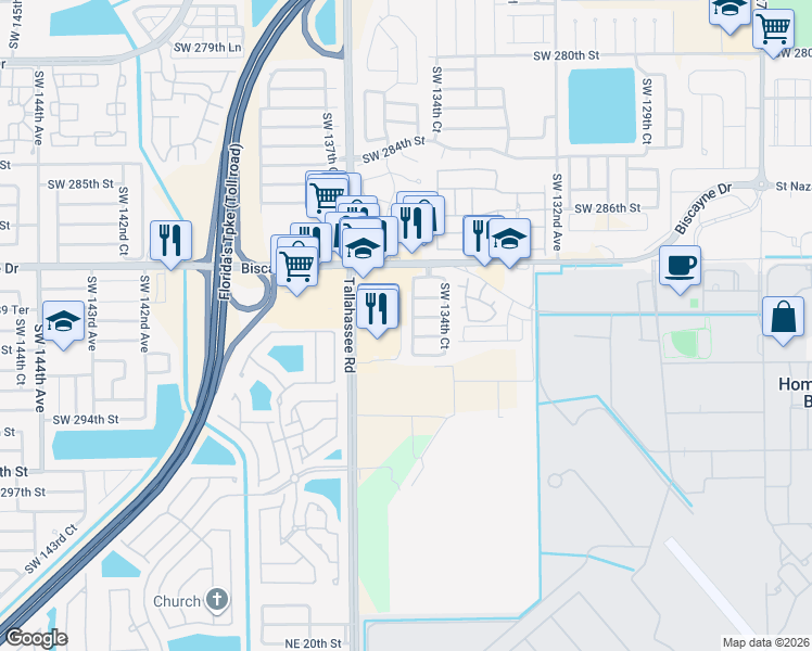 map of restaurants, bars, coffee shops, grocery stores, and more near 29104 South West 134th Pth in Homestead