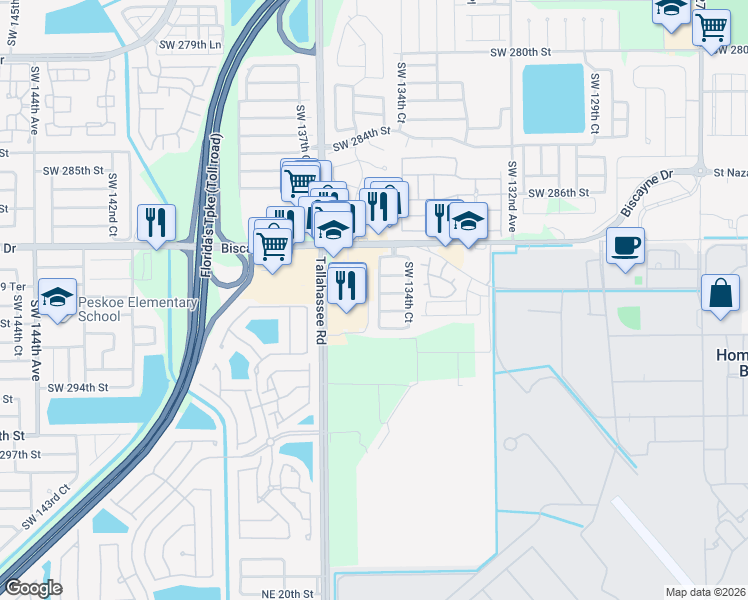 map of restaurants, bars, coffee shops, grocery stores, and more near 29104 South West 134th Pth in Homestead