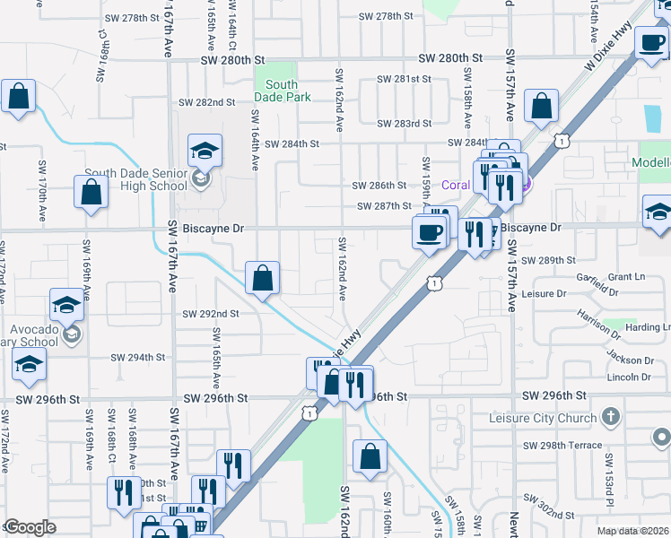 map of restaurants, bars, coffee shops, grocery stores, and more near 29100 Southwest 162nd Avenue in Homestead