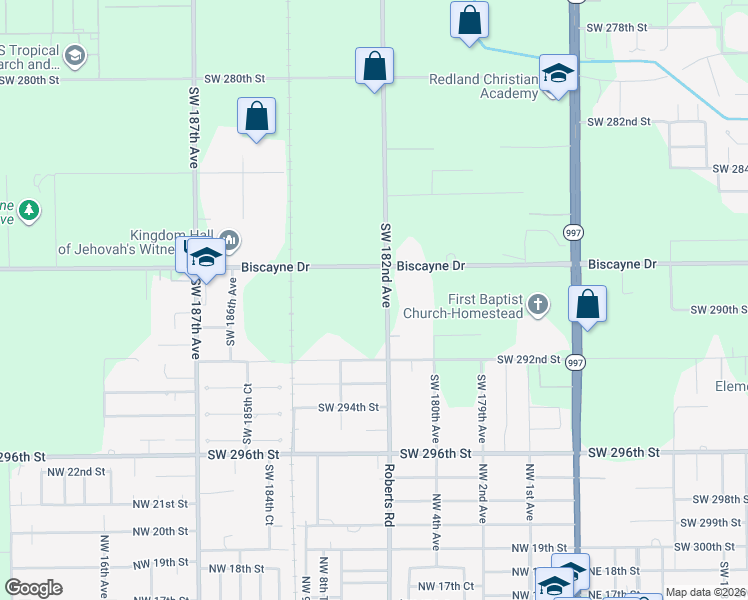 map of restaurants, bars, coffee shops, grocery stores, and more near 28860 Southwest 182nd Avenue in Homestead