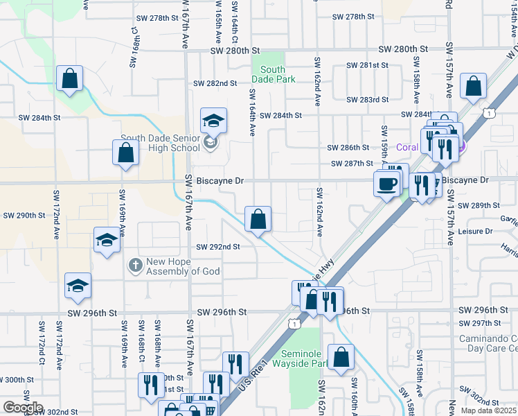map of restaurants, bars, coffee shops, grocery stores, and more near 28951 Southwest 164th Avenue in Homestead