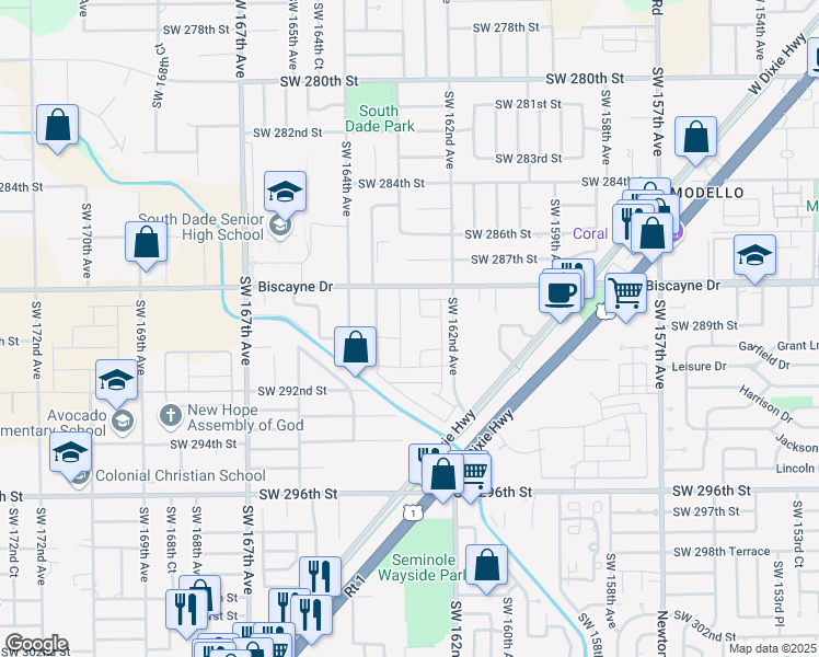 map of restaurants, bars, coffee shops, grocery stores, and more near 16260 Southwest 288th Street in Homestead
