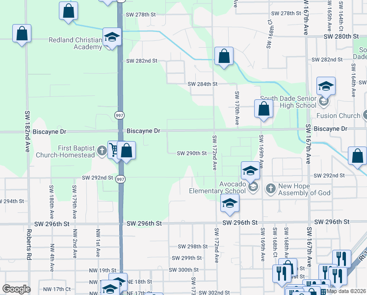 map of restaurants, bars, coffee shops, grocery stores, and more near 17320 Southwest 288th Street in Homestead