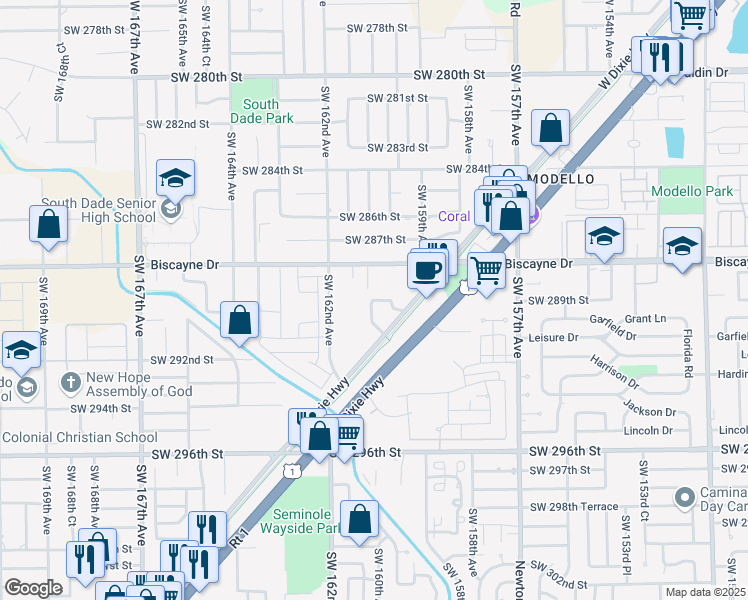 map of restaurants, bars, coffee shops, grocery stores, and more near 28851 Southwest 160th Court in Homestead