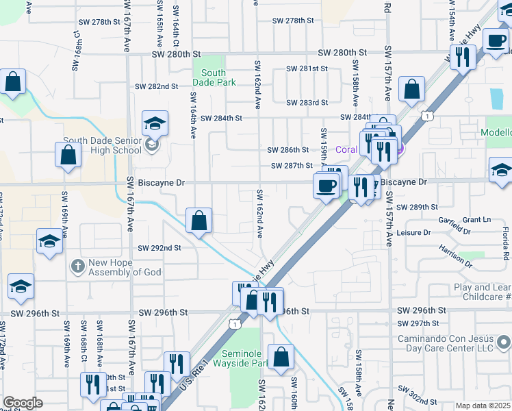 map of restaurants, bars, coffee shops, grocery stores, and more near 16260 Southwest 288th Street in Homestead