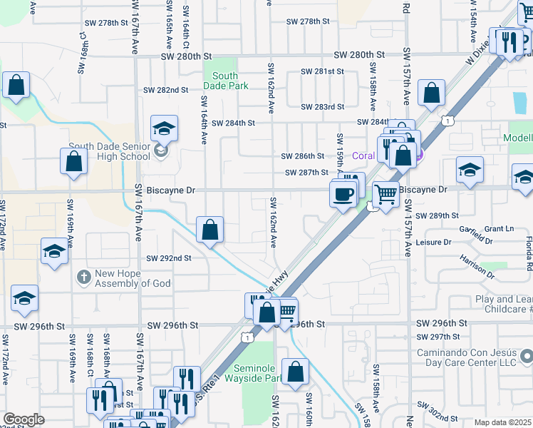 map of restaurants, bars, coffee shops, grocery stores, and more near 16260 Southwest 288th Street in Homestead