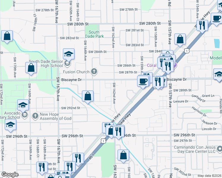 map of restaurants, bars, coffee shops, grocery stores, and more near 16260 Southwest 288th Street in Homestead