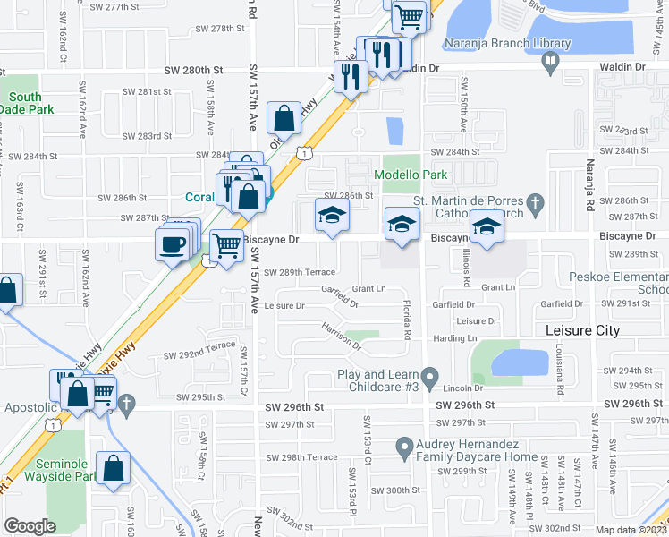 map of restaurants, bars, coffee shops, grocery stores, and more near 15401 Southwest 289th Terrace in Homestead