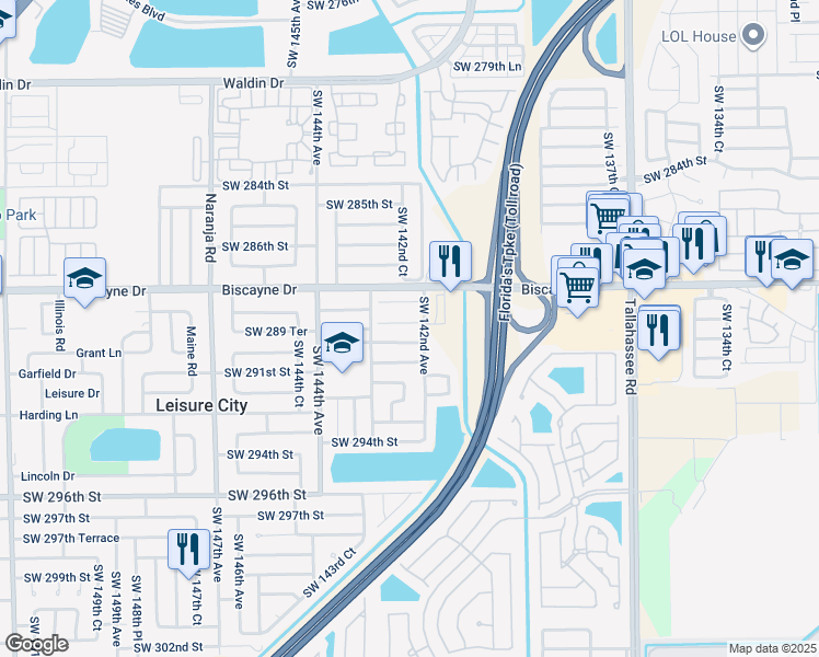 map of restaurants, bars, coffee shops, grocery stores, and more near 14213 Southwest 289th Terrace in Homestead