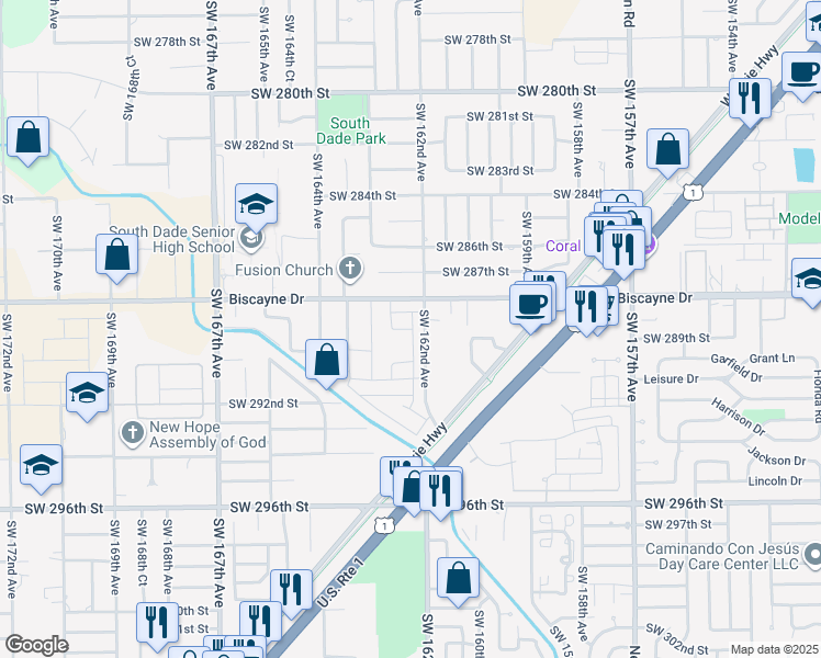 map of restaurants, bars, coffee shops, grocery stores, and more near 16260 Southwest 288th Street in Homestead