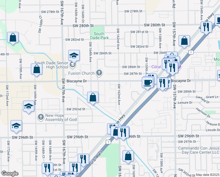 map of restaurants, bars, coffee shops, grocery stores, and more near 16260 Southwest 288th Street in Homestead