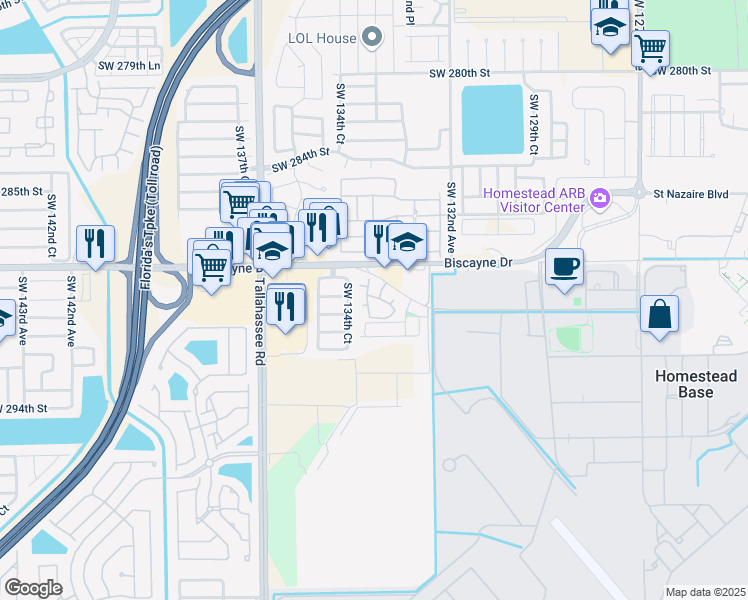 map of restaurants, bars, coffee shops, grocery stores, and more near 13300 Biscayne Drive in Homestead