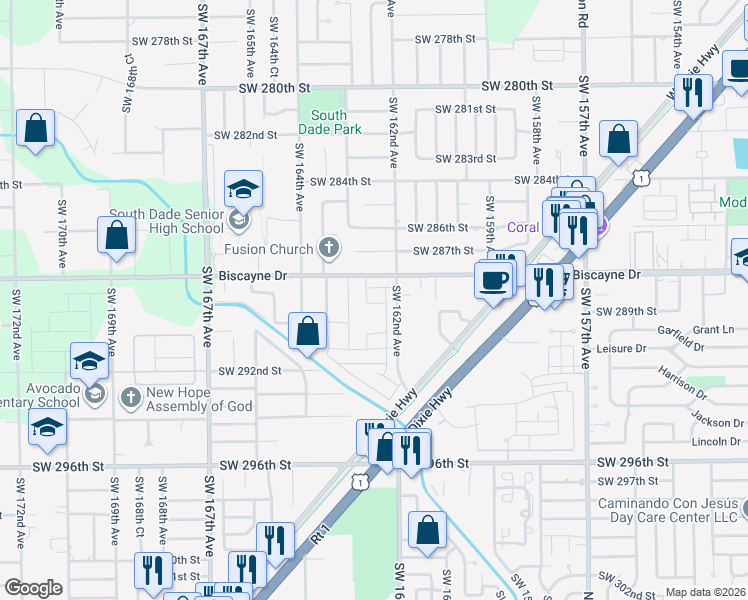 map of restaurants, bars, coffee shops, grocery stores, and more near 16260 Southwest 288th Street in Homestead