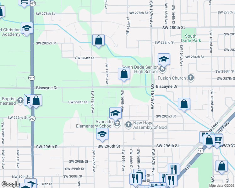 map of restaurants, bars, coffee shops, grocery stores, and more near 16980 Southwest 288th Street in Homestead