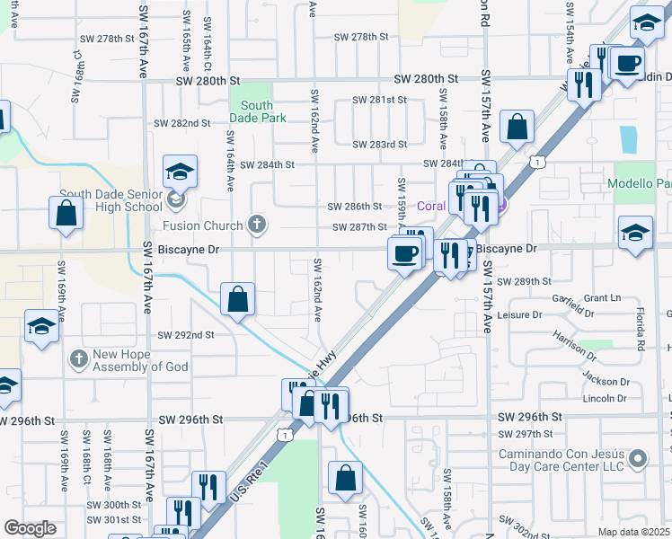 map of restaurants, bars, coffee shops, grocery stores, and more near 28825 Southwest 162nd Avenue in Homestead