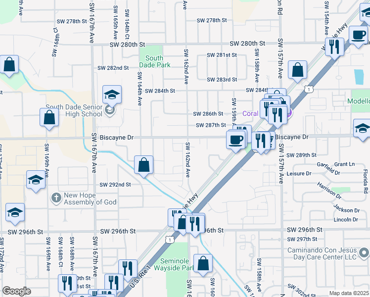 map of restaurants, bars, coffee shops, grocery stores, and more near 16260 Southwest 288th Street in Homestead