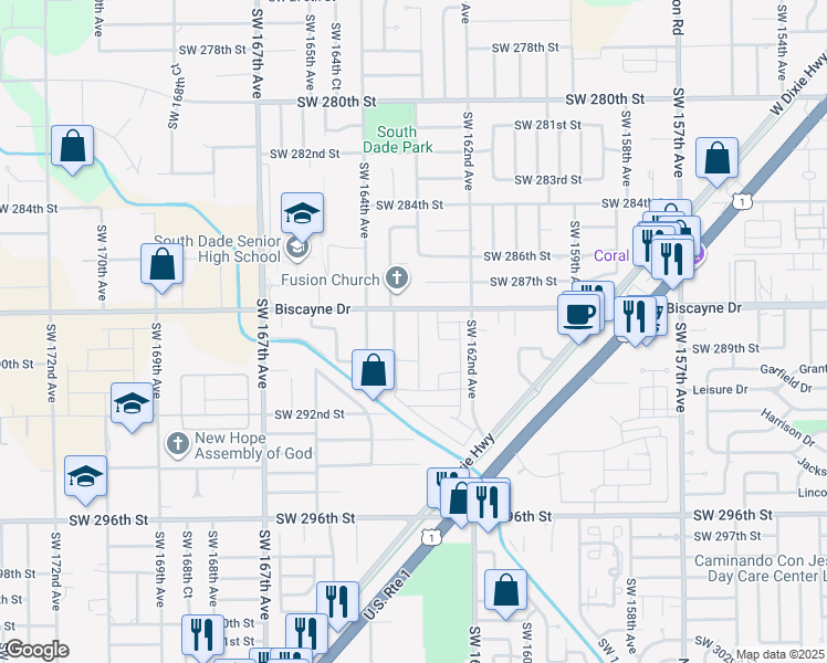 map of restaurants, bars, coffee shops, grocery stores, and more near 16310 Southwest 288th Street in Homestead