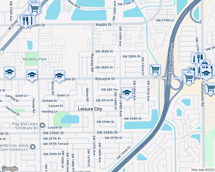 map of restaurants, bars, coffee shops, grocery stores, and more near 14500 Southwest 289th Street in Homestead
