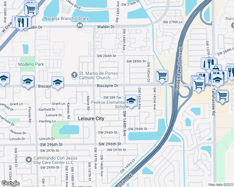 map of restaurants, bars, coffee shops, grocery stores, and more near 14440 Southwest 289th Street in Homestead