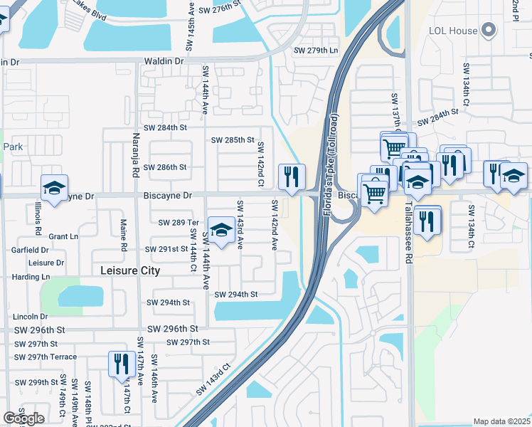 map of restaurants, bars, coffee shops, grocery stores, and more near 14213 Southwest 289th Terrace in Homestead