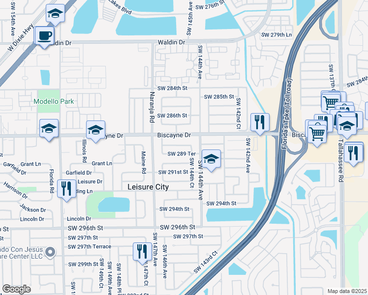 map of restaurants, bars, coffee shops, grocery stores, and more near 14440 Southwest 289th Street in Homestead