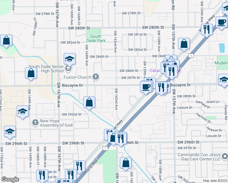 map of restaurants, bars, coffee shops, grocery stores, and more near 16260 Southwest 288th Street in Homestead