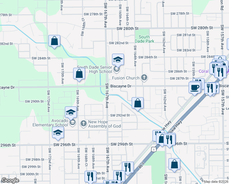 map of restaurants, bars, coffee shops, grocery stores, and more near 28845 Southwest 166th Court in Homestead