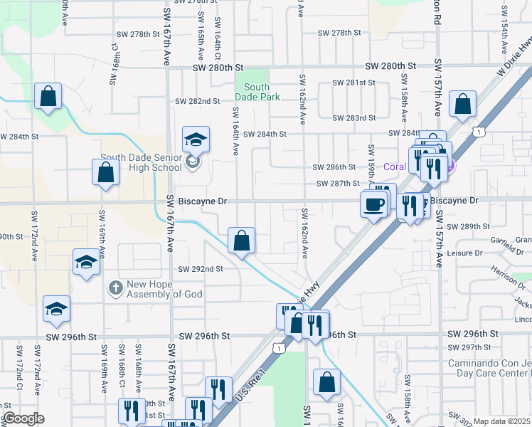 map of restaurants, bars, coffee shops, grocery stores, and more near 16310 Southwest 288th Street in Homestead