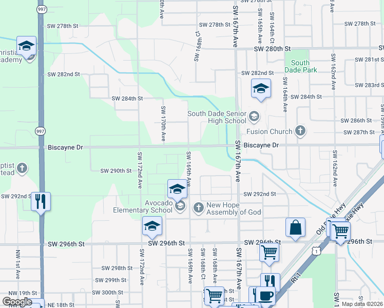 map of restaurants, bars, coffee shops, grocery stores, and more near 16980 Southwest 288th Street in Homestead