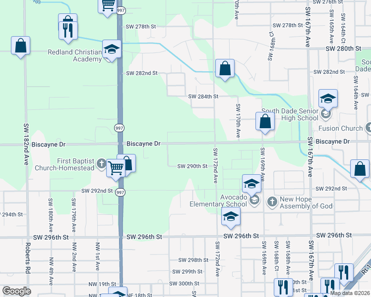 map of restaurants, bars, coffee shops, grocery stores, and more near 17320 Southwest 288th Street in Homestead