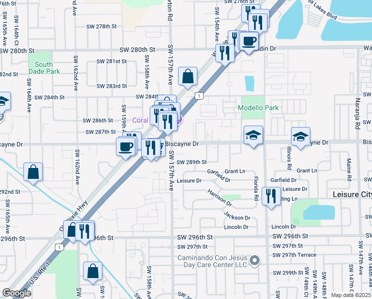 map of restaurants, bars, coffee shops, grocery stores, and more near 15600 Southwest 288th Street in Homestead