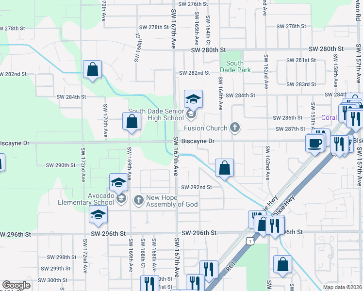 map of restaurants, bars, coffee shops, grocery stores, and more near 28845 Southwest 166th Court in Homestead