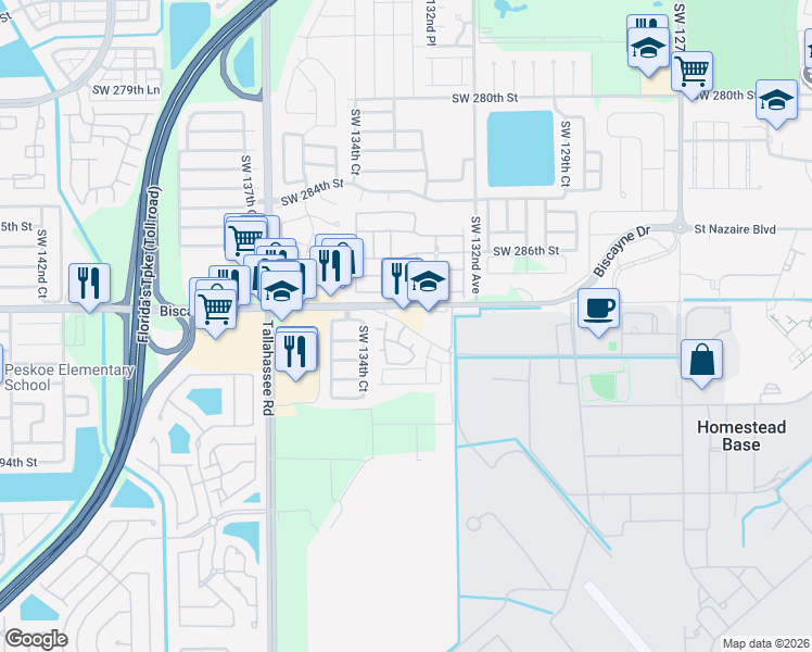 map of restaurants, bars, coffee shops, grocery stores, and more near 13300 Biscayne Drive in Homestead