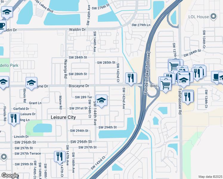 map of restaurants, bars, coffee shops, grocery stores, and more near 14263 Southwest 289th Terrace in Homestead