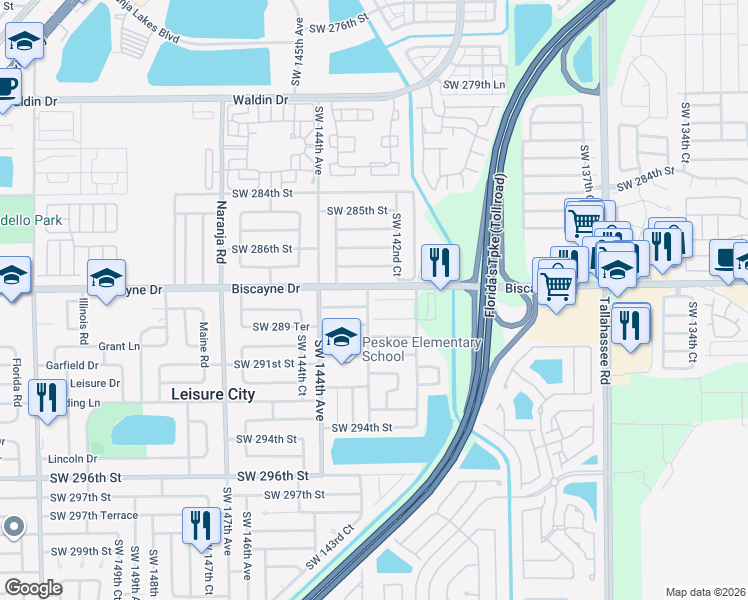 map of restaurants, bars, coffee shops, grocery stores, and more near 14263 Southwest 289th Terrace in Homestead