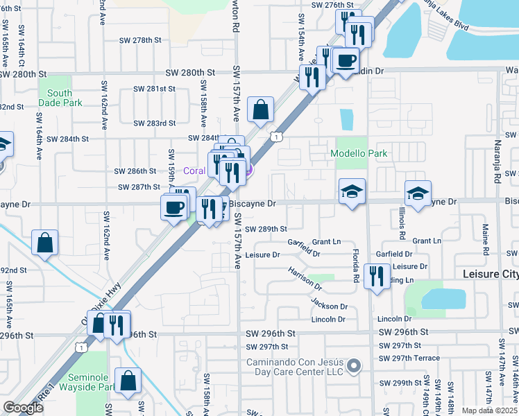 map of restaurants, bars, coffee shops, grocery stores, and more near 15600 Southwest 288th Street in Homestead