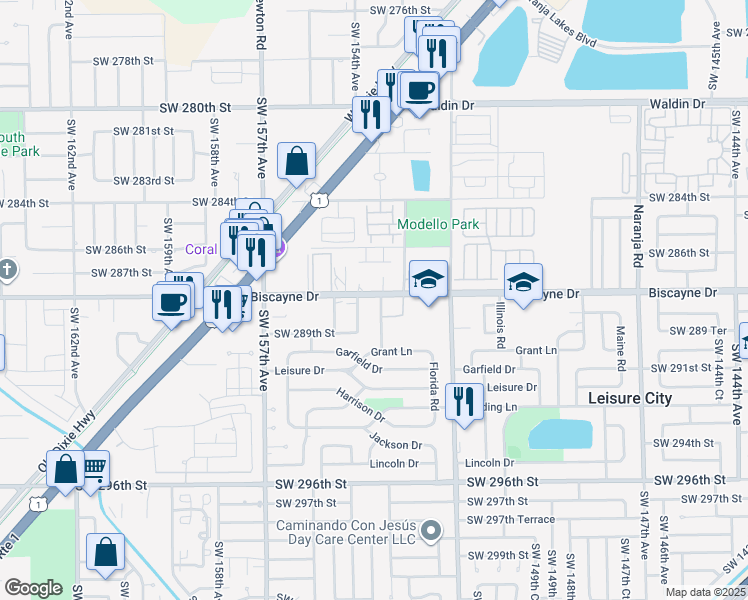 map of restaurants, bars, coffee shops, grocery stores, and more near 19562 Colorado Road in Homestead