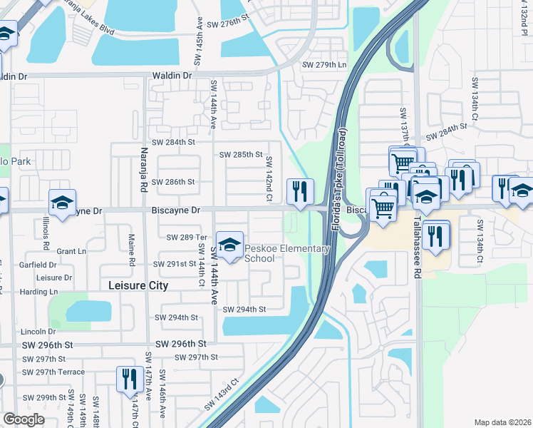 map of restaurants, bars, coffee shops, grocery stores, and more near 14213 Southwest 289th Terrace in Homestead