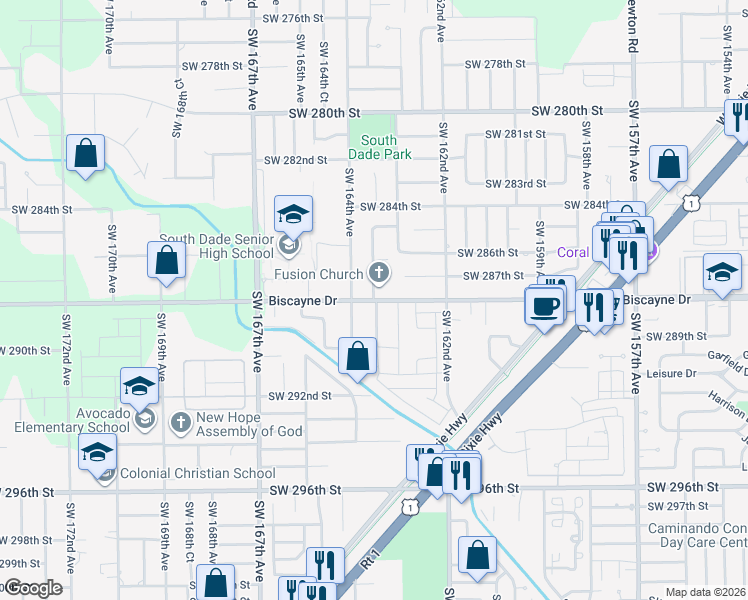 map of restaurants, bars, coffee shops, grocery stores, and more near 16325 Southwest 288th Street in Homestead