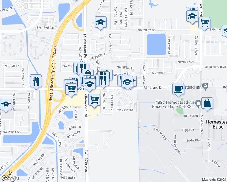 map of restaurants, bars, coffee shops, grocery stores, and more near 13449 Southwest 288th Street in Homestead