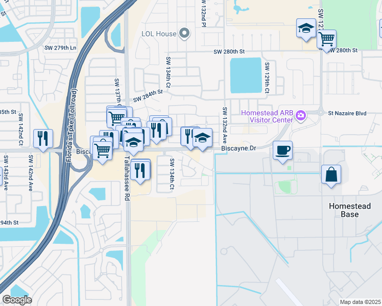 map of restaurants, bars, coffee shops, grocery stores, and more near 13387 Southwest 288th Street in Homestead