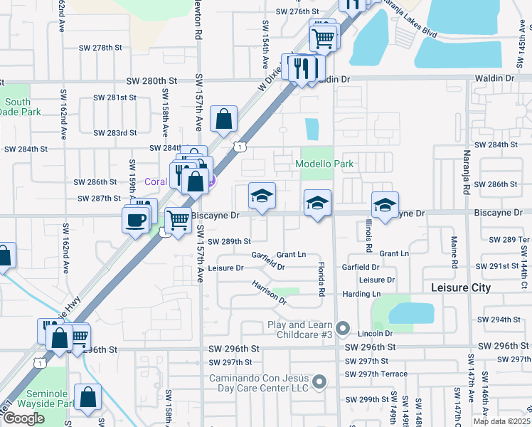 map of restaurants, bars, coffee shops, grocery stores, and more near 15395 Southwest 288th Street in Homestead