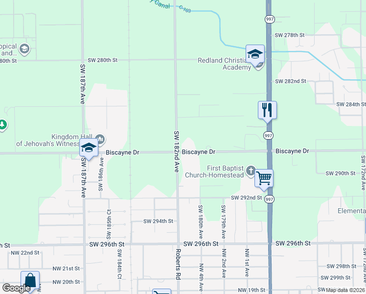 map of restaurants, bars, coffee shops, grocery stores, and more near 28701 Southwest 182nd Avenue in Homestead