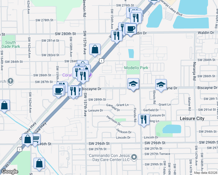 map of restaurants, bars, coffee shops, grocery stores, and more near 15425 Southwest 288th Street in Homestead