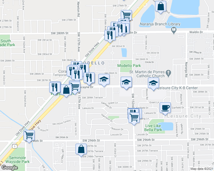 map of restaurants, bars, coffee shops, grocery stores, and more near 15395 Southwest 288th Street in Homestead
