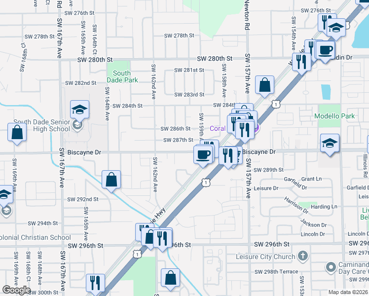 map of restaurants, bars, coffee shops, grocery stores, and more near 15990 Southwest 287th Street in Homestead