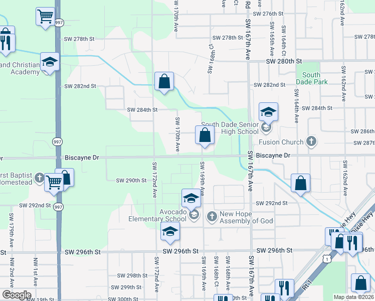 map of restaurants, bars, coffee shops, grocery stores, and more near 28700 Southwest 169th Avenue in Homestead