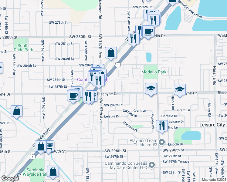 map of restaurants, bars, coffee shops, grocery stores, and more near 15485 Biscayne Drive in Homestead